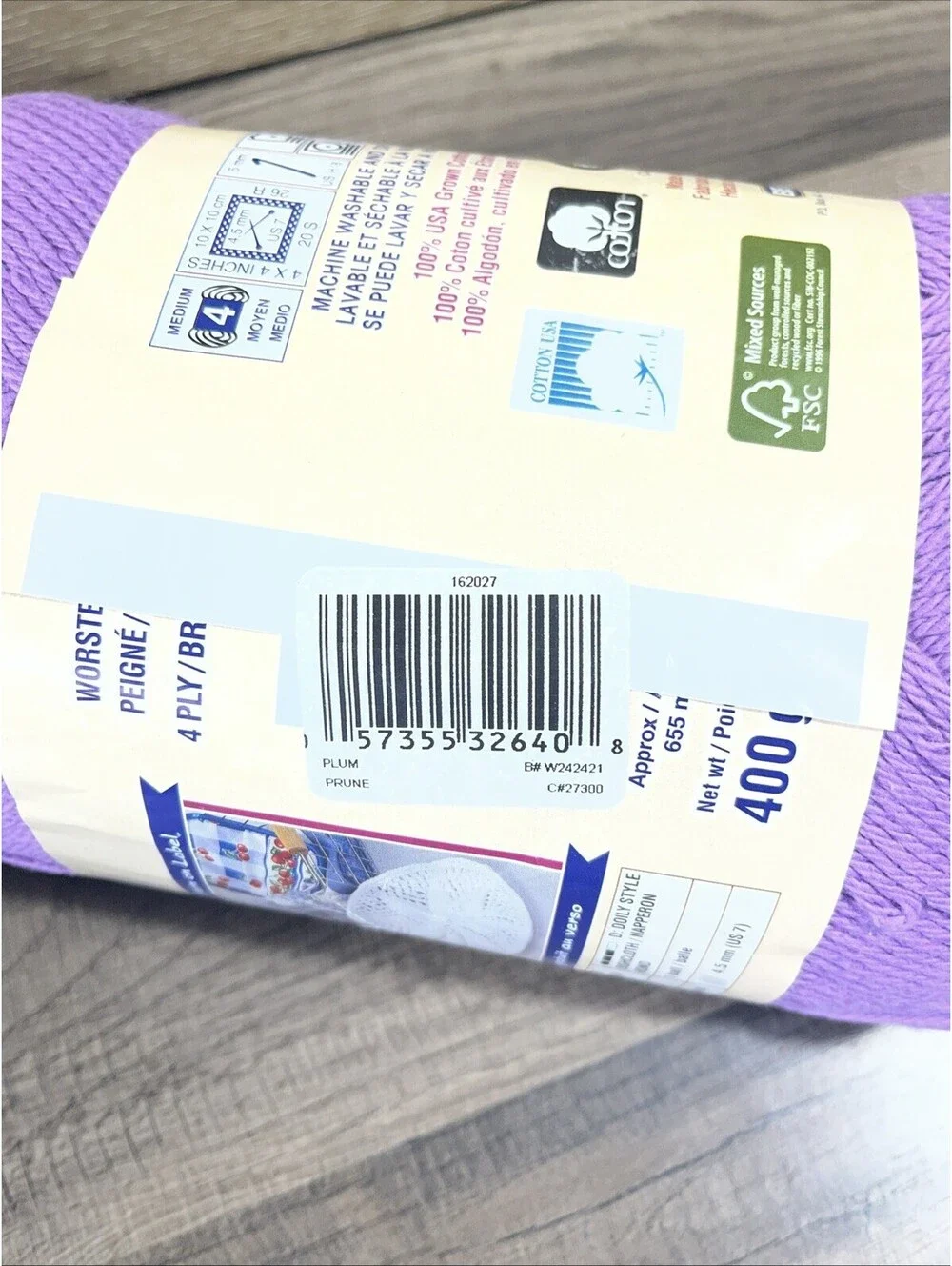 Bernat HANDICRAFTER COTTON  Ultrasoft Yarn LOT of 2 SKEINS Plum & MOD Blue